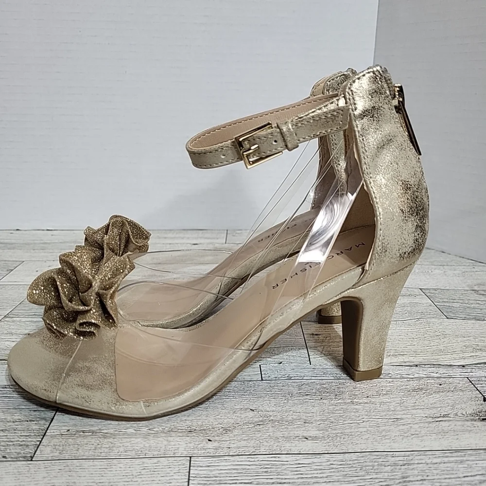 Marc‎ Fisher Kids Size 2 Antique Gold Heel Gold Sparkle Pom Pom Zip Back NWO